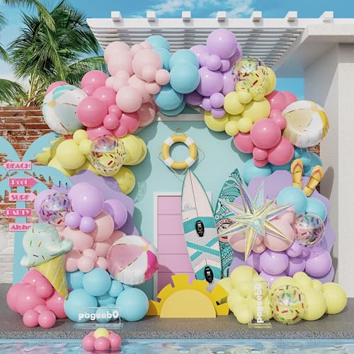 PageebO Pool Party Decorations,159Pcs Rainbow Beach Balls Ice Cream Confetti Balloon for Outdoor Pool Beach Summer Splish Party Supplies Tropical Hawaii Swimming Birthday Baby Shower Decorations