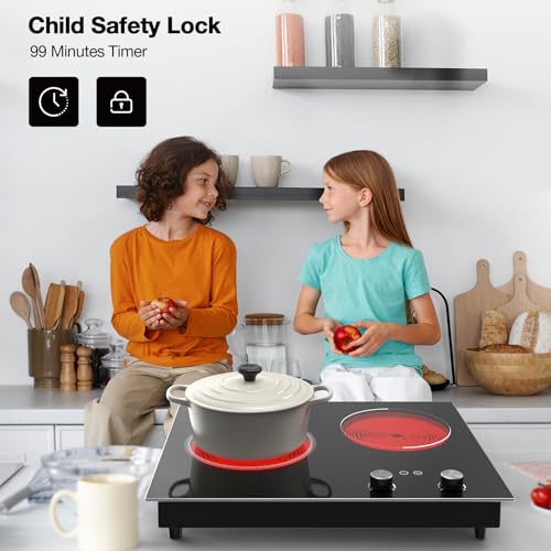 Image of GIHETKUT Electric Cooktop,1110V 2100W 2 Burner stove,Built-in & Countertop Stove Top with10 Heating Level, Timer & Kid Safety Lock, LED Knob Touch Control 2 Burner Electric Cooktop