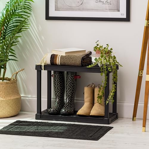 Image of IRIS USA 2-Shelf Light Duty Plastic Storage Shelves, 100lb Capacity, 17 inch H x 24 inch W x 12 inch D, Medium Modular Shelving Unit Storage Organizer for Bathroom, Laundry, Garage & Home, Storage Rack - Black