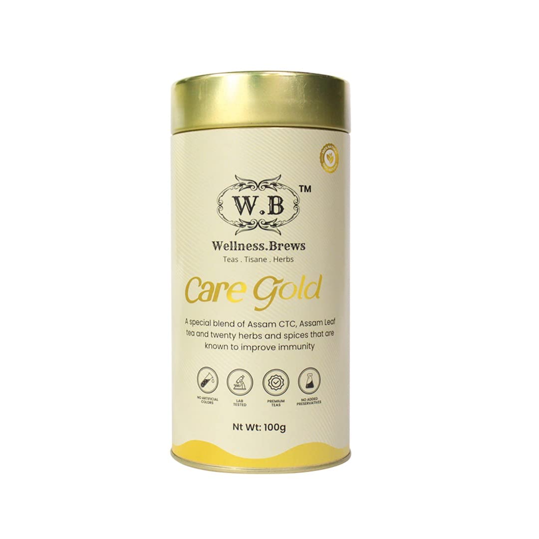 W.B Wellness Brews Care Gold Tea Powder | Chai patti With a Blend of Assam Leaf, Herbs, and Species | Helps to Support Immunity | with Natural Aroma for Chai Lover - 200gm (Pack of 1)