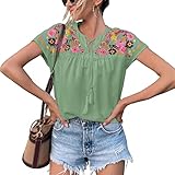 Caractéristiques : chemisier décontracté à manches courtes pour femme avec imprimé floral bohème brodé, col en V à lacets avec pompon unique, décontracté et élégant.