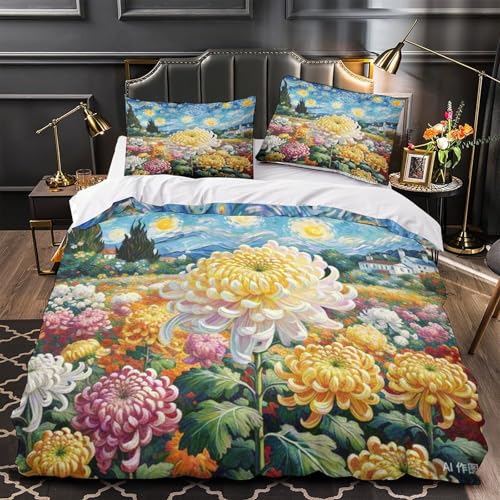 Housse de couette chrysanthème 3D microfibre douce lit King parure de lit zippée - 4