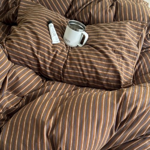 Image of Duvet Cover Set Full Size Brown Striped Bedding Set for Girls Boys,Modern Back to School Dorm Duvet Cover Kids with Zipper Closure and 2 Pillowcases