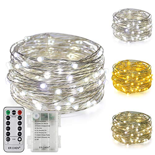 ErChen batteriebetriebene Zweifarbige Led Lichterketten, 33 FT 10M 100 Leds Farbe ändern Dimmbar 8 Modi Silber Kupfer Draht-Lichterketten mit Fernbedienung Timer für Innen Außen (Warmweiß, Weiß) Cover