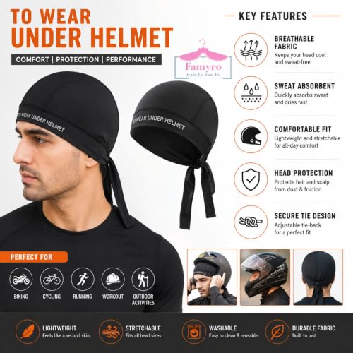 Image of Under Helmet Liner Cap for Men & Women | Inner Cap for helmat Breathable Sweat Absorbent Quick Dry Skull Cap | Tie-Back Helmet Inner Cap for Bike Riding, Cycling, Running & Outdoor (Black)