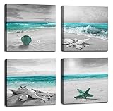 JUFENGART 4 Panels Green Ocean Beach Wall Decoration for Bathroom Beach Canvas Prints Natural...