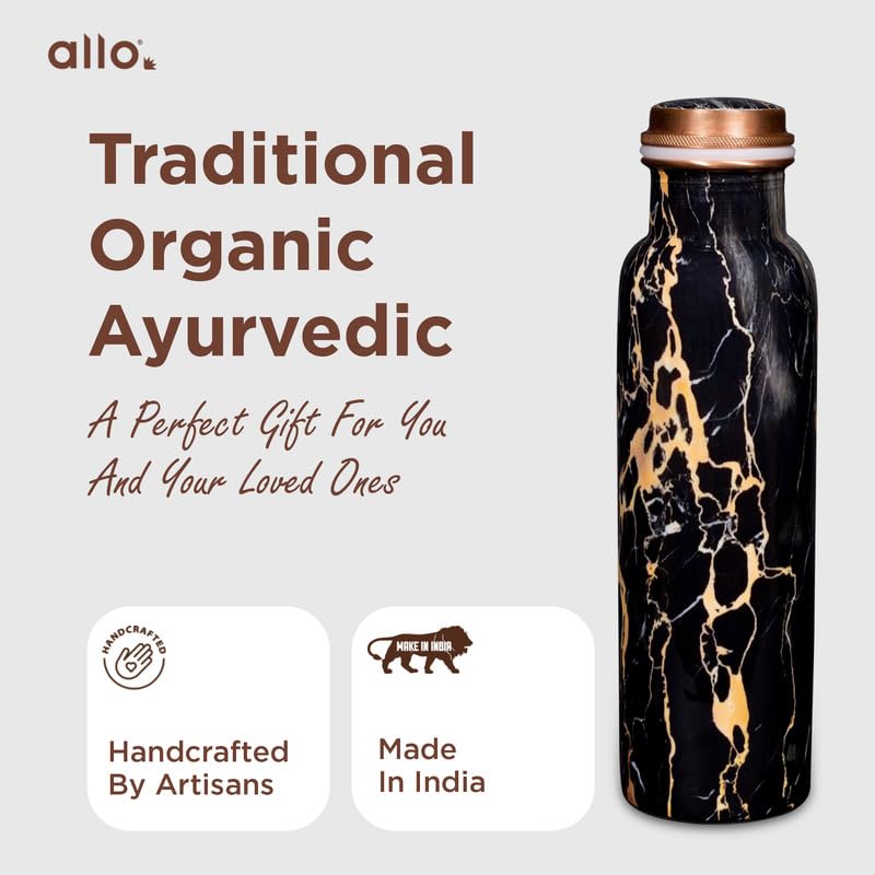 Image of Allo Pure Copper Water Bottle 1 Litre Copper Bottle | Alkaline and Anti Oxidant | 100% Leak Proof, Office, Gym Bottle, Modern Tamba Bottle for Adults, Best Gift for Diwali (Black Natural Marble)