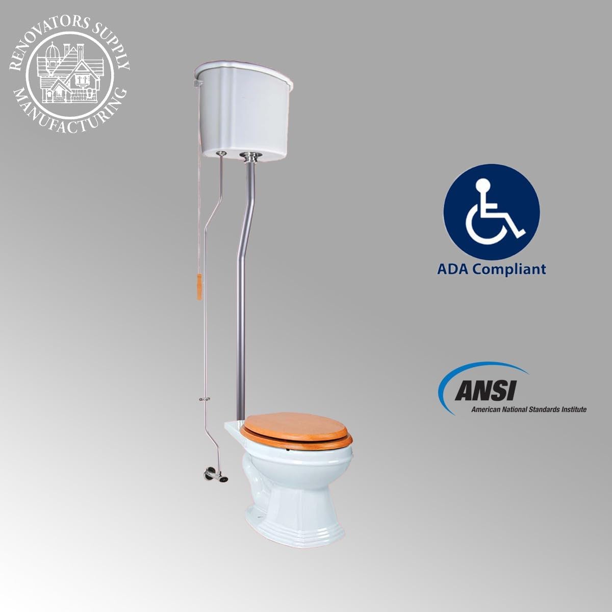 Renovators Supply Manufacturing High Tank Pull Chain Toilet With White Ceramic High Tank 74 In. To 78 In. Adjustable Height Satin L Pipe And Elongated Toilet Bowl
