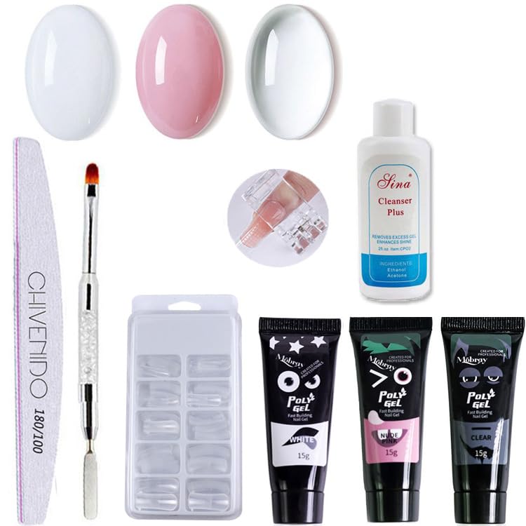 Poly Gel Nail Crystal Extender Kit, Pink and Clear, with Nail Tips, File, Brush, and Cleanser