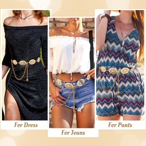 JIEYAO Western Concho Chain Belt, Adjustable Metal Waist Chain, Cowgirl Boho Belts for Women Country Concert Outfit for Dress2