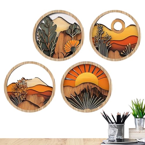 Décoration murale bohème en bois noble, 4 cadres ronds d'exception aux détails géométriques
