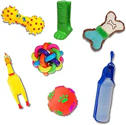 Kit Completo para Cães Pequenos: 5 Brinquedos Mordedores Variados (Osso de Pelúcia, Bolinhas com guizo e Mordedor) + Bebedouro para Cães Portátil de Viagem