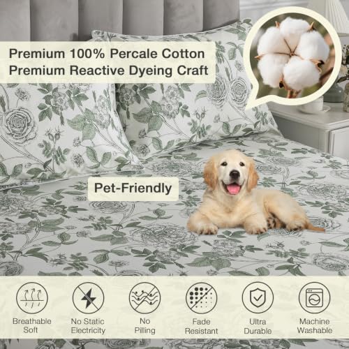 Image of Vintage Green Floral Percale Bed Sheets Queen Size, Deep Pocket