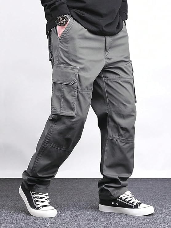 Image of Men's Cotton Cargo Pants for Men | Relaxed Loose Fit Drawstring Waist Cargo Trousers | Multi Pocket Casual Utility Pants for Outdoor, Travel