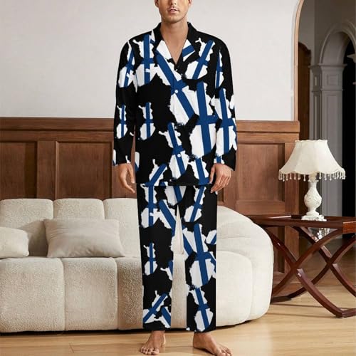 Flag Map of Finland Men's Pajamas Set 2 Piece Button Down Shirts And Pants Sleepwear Lounge Pj Sets2
