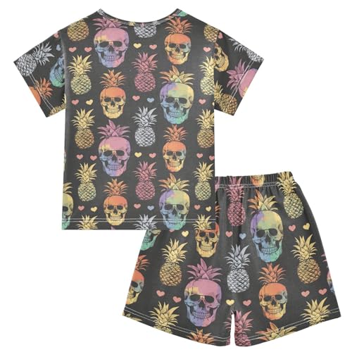 ALAZA Rainbow Skulls Hearts Pineapple Pajama Set Short Sleeve Sleepwear Soft Lounge Nightwear2