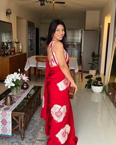 Image of Sidhidata Women's Soft Satin Flower Printed Saree With With Unstitched Blouse Piece (Pradhya Red Red Free Size)