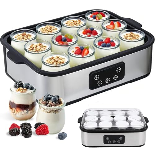 Automatic Yogurt Maker, Digital Yogurt Maker Machine with 12 Jars 2160ml Adjustable Temperature 48H Time Control for Fresh Homemade Yogurt Dessert, Led Display Multi-Function Electric Yogurt Machine