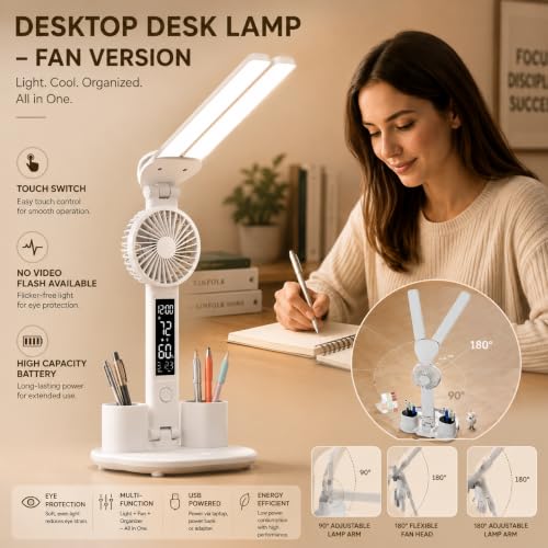 Image of One94Store SmartTwin Pro Design Rechargeable LED Table Lamp | Dual Arm Desk Light with Fan & Phone Holder | Touch Control Dimmable Study Lamp | 2400mAh Battery | USB Powered (White)