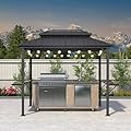 PURPLE LEAF 6' X 9' Hardtop Grill Gazebo for Patio Aluminum Barbeque Canopy with 24 Clear Light Bulbs and Shelves Double Tiered Grey Outdoor BBQ Gazebo