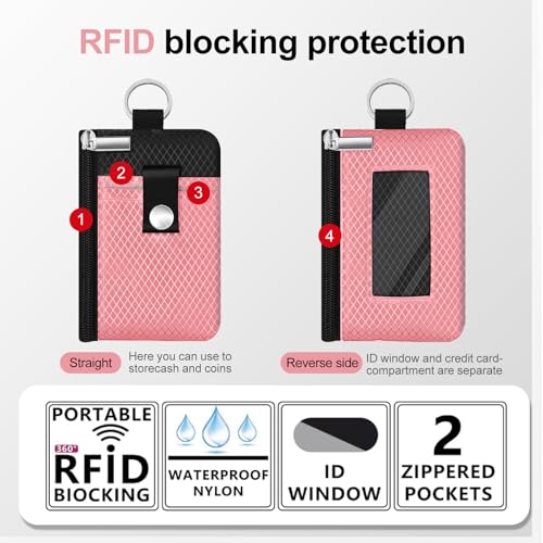 Image of Minimalist RFID Blocking Small Wallet with ID Window,WaterResistant Zip Id Case Wallet with Lanyard Keychain for Cards,Cash,Travel,Women,Men (Pink /Black)