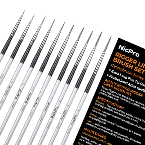 Nicpro 10 PCS Rigger Liner Paint Brush Set for Watercolor, Gouache, Acrylic