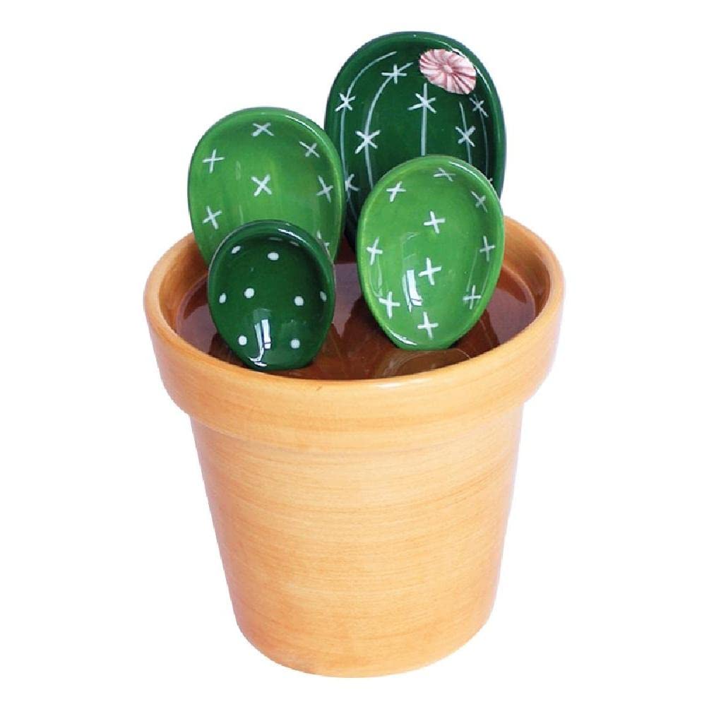 Ceramic Cactus Measuring Spoons with Holder Set Baking Measuring Spoons for Home Kitchen Cooking Baking Sugar Salt Add Scoops Supplies Cactus Measuring Spoons Set with Measuring Cup