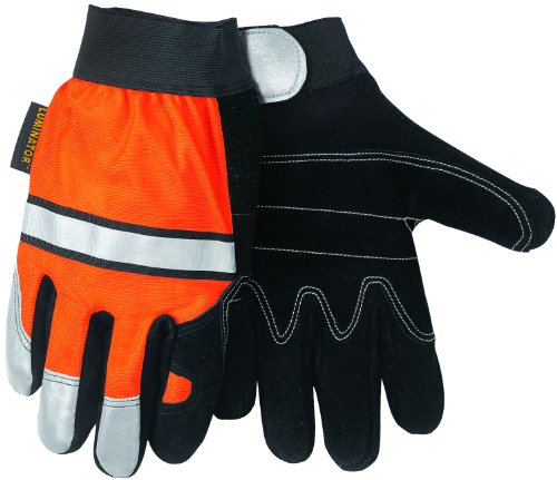 Image of MCR Safety 911DPM Luminator Split Cow Double Leather Palm High Visibility Multi-Task Gloves with 3M Reflective Tape, Orange /Black, Medium, 1-Pair
