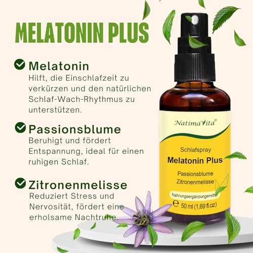 Melatonin Spray hochdosiert – 50 ml - Schlafspray mit Passionsblume & Zitronenmelisse – 1 ml Melatonin pro Tagesdosis – Vegan & Zuckerfrei – NatimaVita