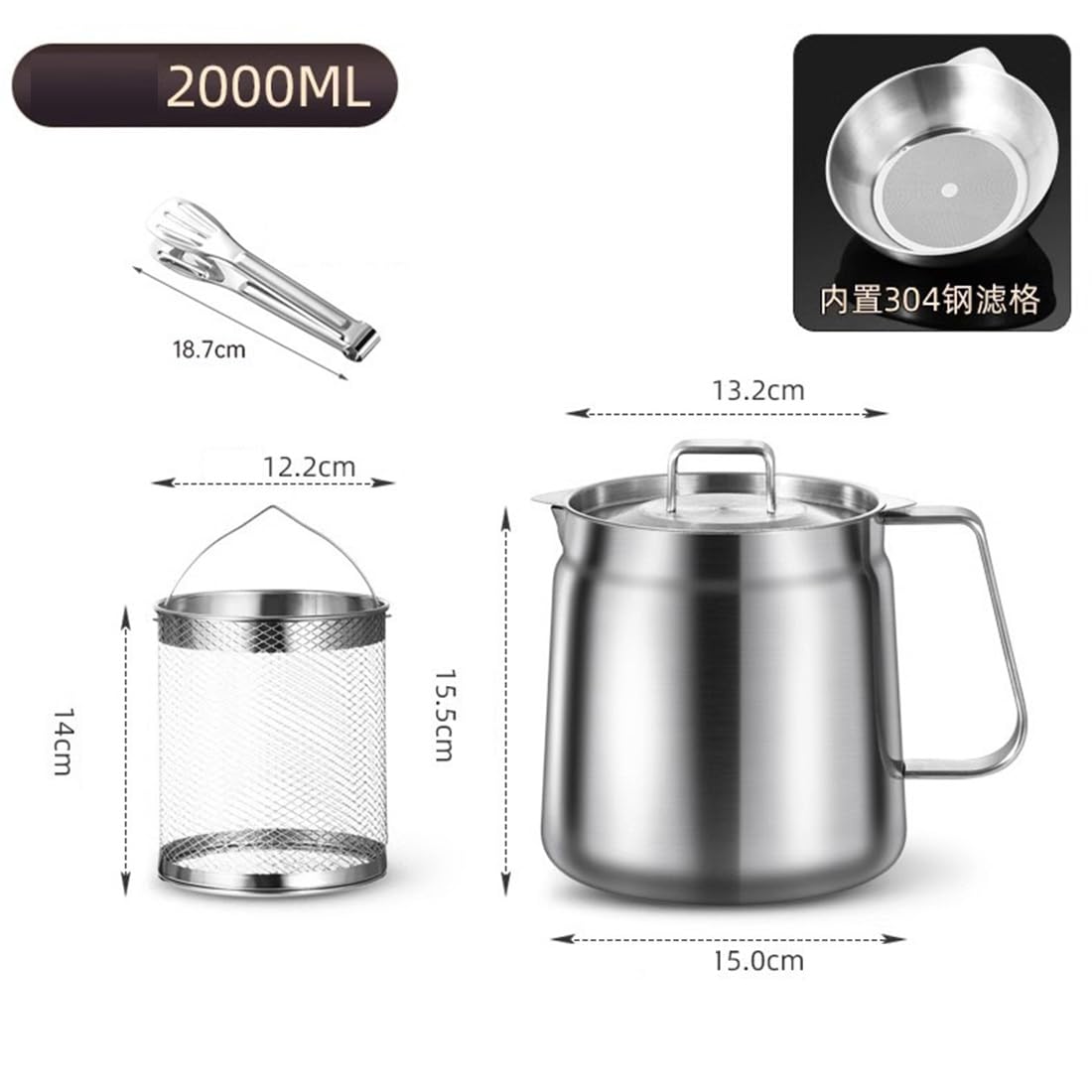 Olla freidora de acero inoxidable 304 con cesta, colador de aceite y clip. (1,5L)