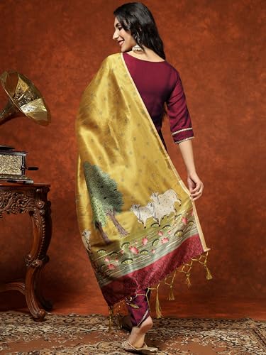 Image of EthnicJunction Women's Cotton Blend Kurta Pant Dupatta Set with Digital Print Dupatta | Karva Chauth Special Kurta