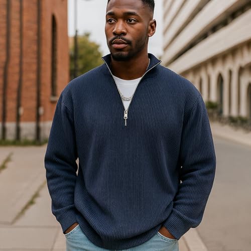 Mokaloha Mens Shirts - Mokaloha Shirts for Men, Men's Simple Casual Ribbed Stand Collar Zipper Long Sleeve T-Shirt3