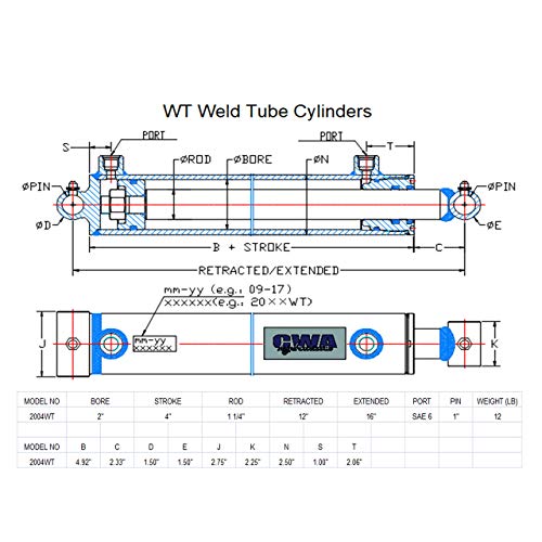 Image of WT Weld Cross Tube Hydraulic Cylinder 2 inch Bore x 4 inch Stroke x 1 1 /4 inch Rod x SAE 6 Port x 3000 PSI