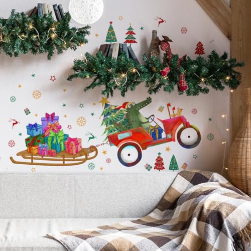WOHAHA クリスマス ウォールステッカー ワニの自動車 そり 雪の結晶 クリスマスツリー クリスマスプレゼント デコレーション 寝室 リビング ガラス 窓 装飾 ステッカー 階段 壁紙シール 窓 シール 子供部屋 保育園 インテリア DIY ステッカー [5]