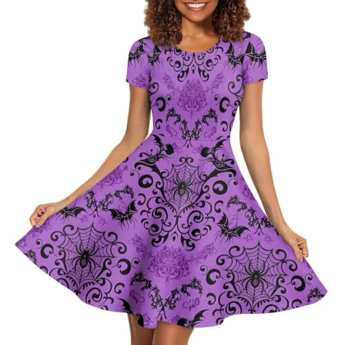 Image of POLERO Women Puffy Swing Elegant Party Midi Dresses Short Sleeve Round Neck A-Line Dress