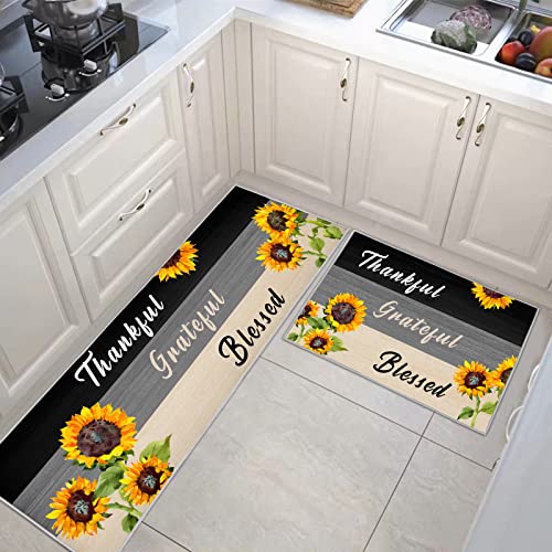Black Kitchen Rugs and Mats Sets of 2 Pieces Funny Kitchen Decoration Non Slip Super Absorbent Kitchen Mat Runner Rug for Sink,Hallway,Laundry Room (Sunflower