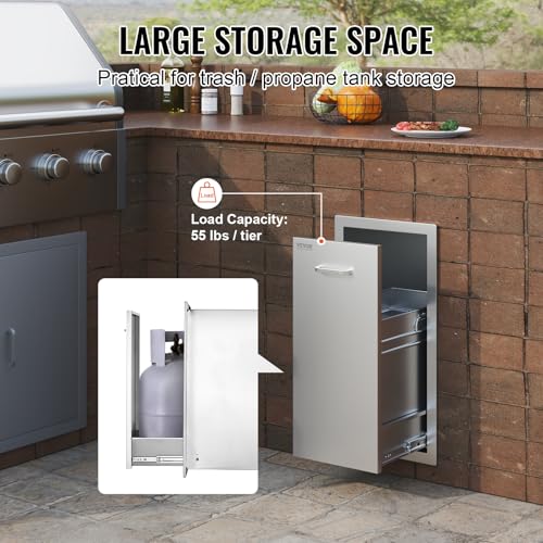 VEVOR Pull Out Trash Drawer 13.4"W x 25.7"H x 19.6"D Lower Sliding Rails Steel Roll Out Trash Bin Pull Out Tray Outdoor Kitchen Trash Drawer with Handle for BBQ Island Grill Station No Trash Can