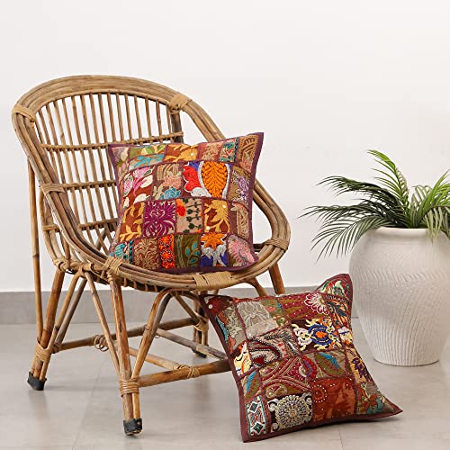 Image of Ravaiyaa - Attitude is everything Set Of 2 PC Home Sofa Decor Cotton Cushion Cover, Handmade Khambadiya Patchwork Pillow Case, Embroidery Cushions