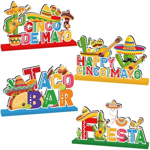 4pcs Fiesta Cinco De Mayo Party Decorations Wood Table Centerpieces Happy Cinco De Mayo Table Decor for Mexican Fiesta Party Taco Bar Mexican Style Party Table Sign