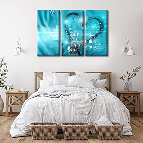 Image of TUMOVO Stethoscope Health Medical Technology Poster Office Decor Clinical Laboratory Wall Art 3 Panel Medical Artwork Posters and Prints Framed Ready to Hang, 60 inch Wx40 H