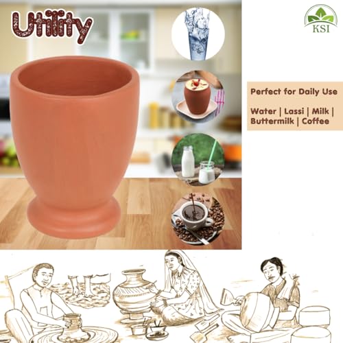 Image of KSI Earthen Clay Water Glass Set of 2 | 250 ml Small Mitti Drinking Glasses for Water Lassi Milk Coffee | Traditional Terracotta Drinkware | Reusable Kitchen Table Glass