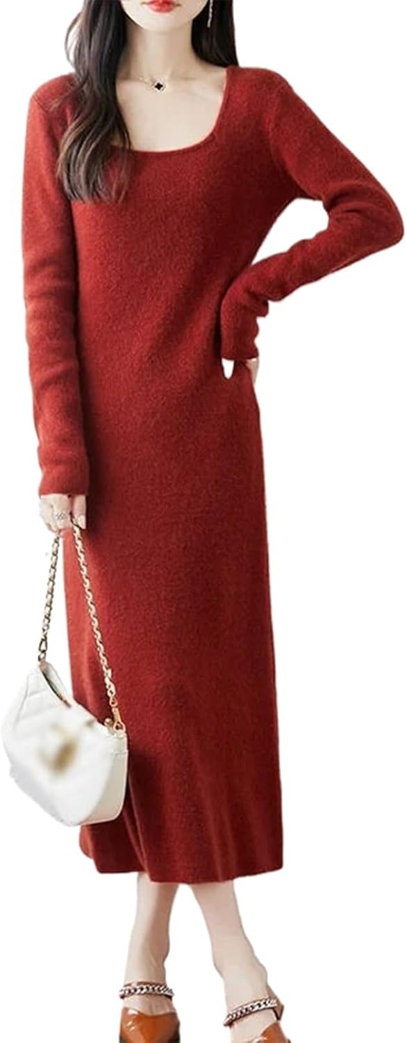 Wool Dress Women Long Sleeve O-Neck Wool Knit Sweater Skirt Spring Autumn Winter Female Dresses
