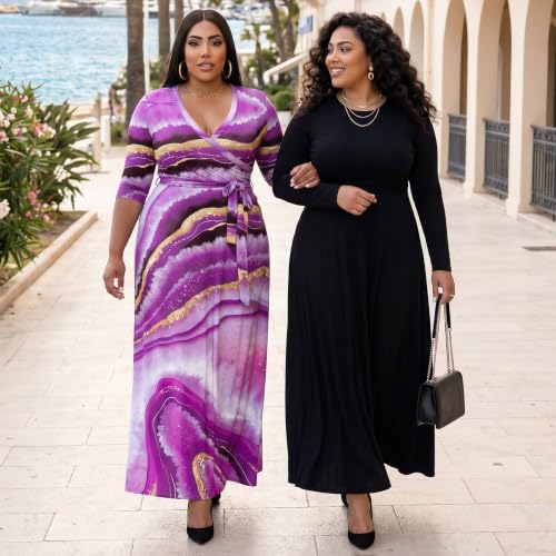 Image of Runwind Plus Size Dresses for Women Floral Maxi Dress Flowy 3 /4 Sleeve with Belt