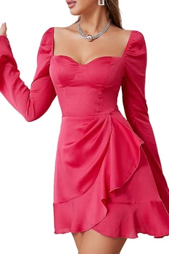 Women's Elegant Mini Dress with Sweetheart Neckline, Hot Pink, Long