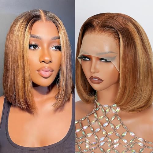 Smilenice 210% Density 13x6 Highlight Ombre Full Lace Frontal Bob Wig Human Hair 12A Brazilian Virgin Human Hair Pre Plucked 4/27 Honey Blonde HD Transparent Lace Glueless Wigs Human Hair 12 Inch