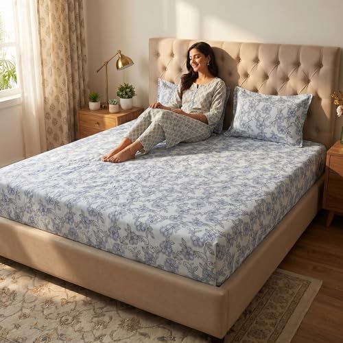 Image of Mafatlal 186 TC Grace Pure Cotton Double Size Bedsheet | 90 x 100 Inch | Soft Breathable Cotton Bed Sheet Set with 2 Pillow Covers | Sapphire Blue