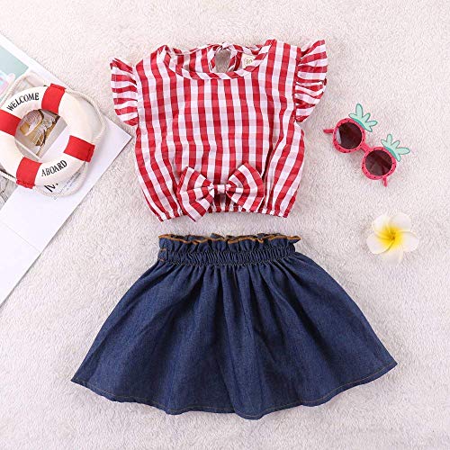 Toddler Baby Girl Red Plaid Outfits Ruffled Sleeve Crop Top Shirts with Bowknot+ Denim Skirt Dress Clothes Set2