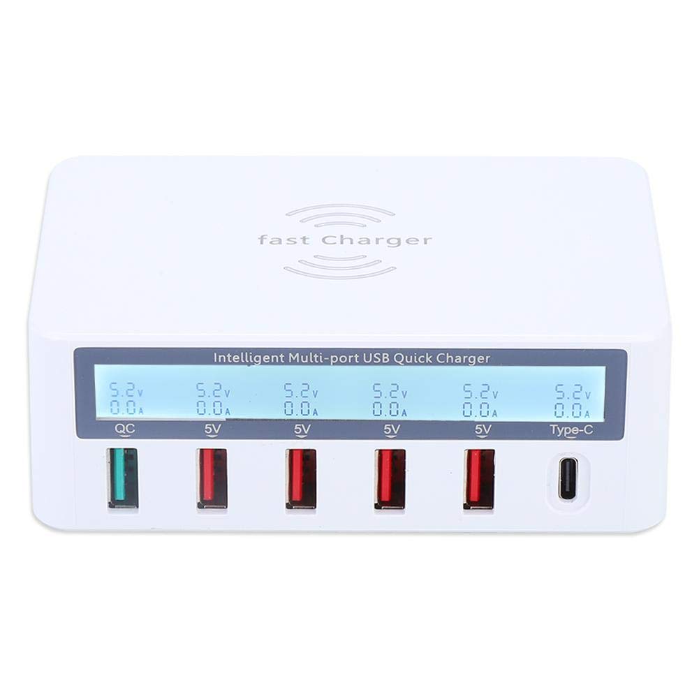 Cargador USB múltiple Estación de Carga, Pantalla LCD USB de Carga rápida Cargador inalámbrico Adaptador de Corriente con Carga rápida para teléfonos móviles/tabletas iOS/Android