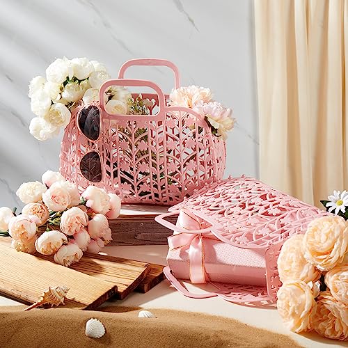 Silkfly 6 Pcs Pink Jelly Tote Bags Bulk 9.1 x 4.3 x 9.3 Inch Plastic Reusable Women Girl Wedding Jelly Gifts Tote Beach Baskets Handbags for Women Girl Wedding Bridesmaid2