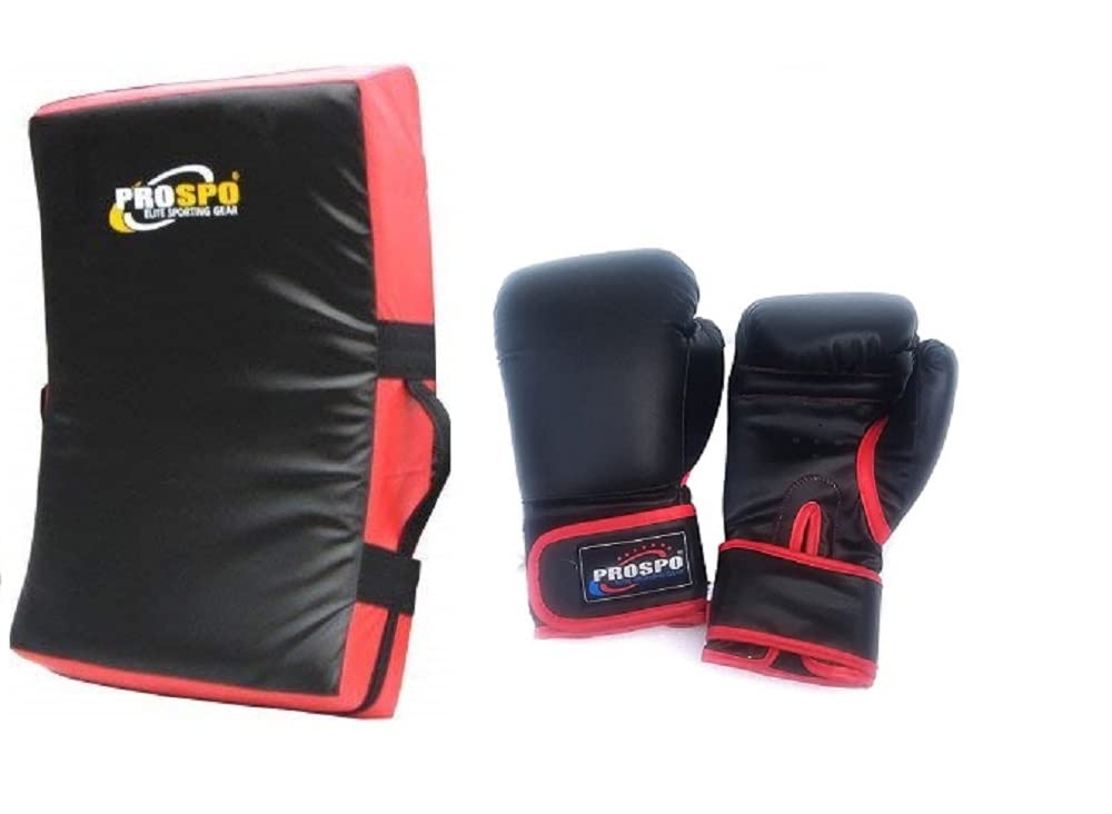 Prospo Kicking Shield and 12oz Boxing Gloves for Kickboxing, Fight Gloves Men & Women, Kicking Shield (Heavy Duty) (Curved Kicking Shield and online12oz Gloves)